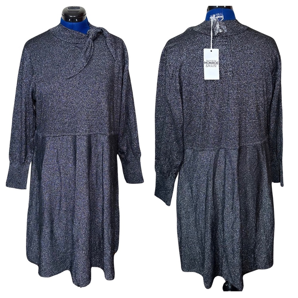 Monroe & Main Metallic Silver Black Sparkly Knit Bow Long Sleeve Dress NWT 2X